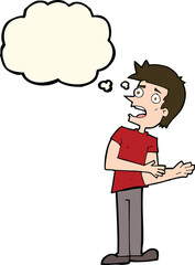 cartoon man making excuses with thought bubble