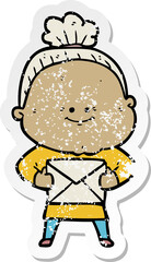 distressed sticker of a cartoon happy old woman