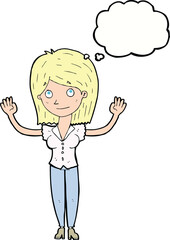 cartoon woman holding up hands with thought bubble