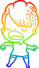 rainbow gradient line drawing of a cartoon cool hipster girl talking