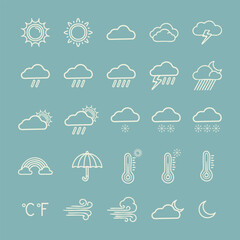 White linear doodle weather icon set on blue. Vector illustration.  - obrazy, fototapety, plakaty
