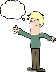 cartoon happy man waving with thought bubble
