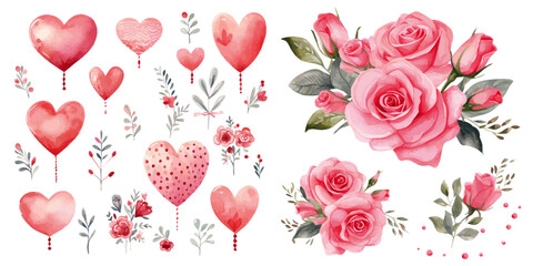 Fototapeta na wymiar Pink Red Roses bouquet with pink hearts vectors