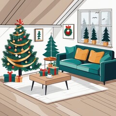 Modern Living Room Interior With Christmas Tree, Gift Boxes, Sofa And coffee table.