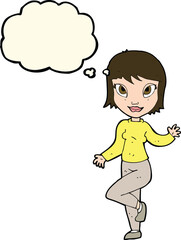 cartoon pretty woman waving with thought bubble
