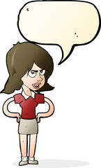 cartoon annoyed woman with hands on hips with speech bubble