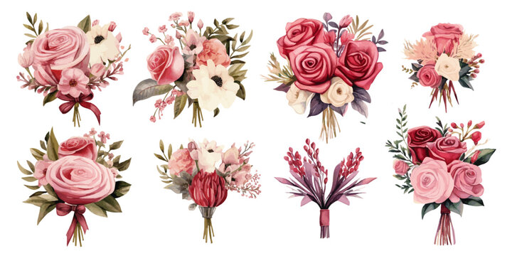 set of pink flowers and roses in bouquets vectors
