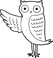 freehand drawn black and white cartoon owl