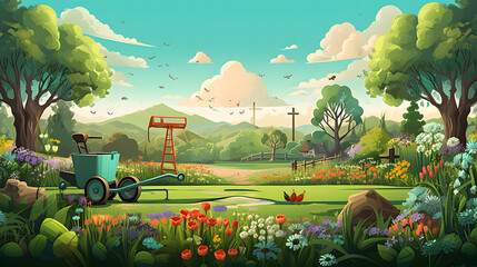spring landscape with garden tools vector illestration. - obrazy, fototapety, plakaty