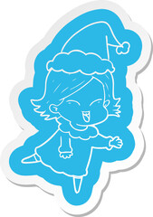 happy quirky cartoon  sticker of a girl wearing santa hat
