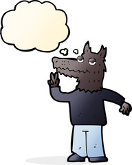 cartoon happy wolf man with thought bubble