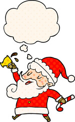 cartoon santa claus with hot cocoa with thought bubble in comic book style
