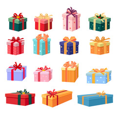 Collection of gift boxes on white background, colorful wrapped Christmas, birthday and valentines presents. Vector set of beautiful gift box, winter holiday icons cartoon illustration