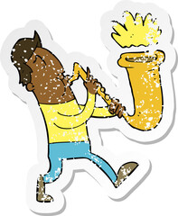 retro distressed sticker of a cartoon man blowing saxophone