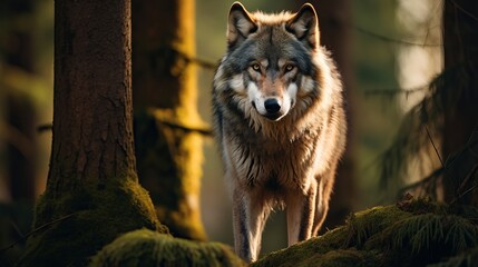 A wolf is perched in the woods.