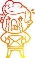 warm gradient line drawing of a cartoon crying man