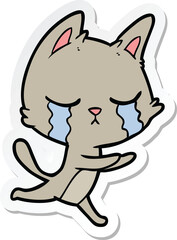 sticker of a crying cartoon cat running