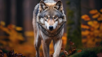 Fototapeta premium A wolf is perched in the woods.