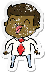 distressed sticker of a cartoon man laughing
