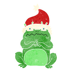 freehand retro cartoon frog in christmas hat