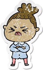 distressed sticker of a cartoon angry woman