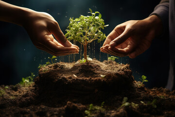 Fototapeta premium Close-up of a hand caring for a sprouting young plant. Generative AI.