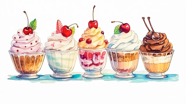 a watercolor image, ice cream in a glass