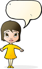 cartoon girl in dress with speech bubble