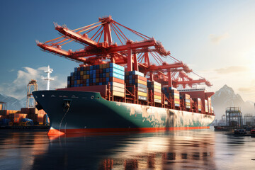 Fototapeta premium Large container ship docking in the port. Generative AI.