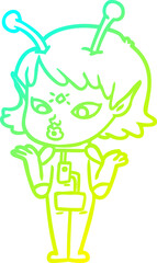 cold gradient line drawing of a pretty cartoon alien girl