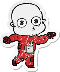 distressed sticker of a cartoon weird bald spaceman