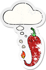 cartoon hot chili pepper with thought bubble as a distressed worn sticker