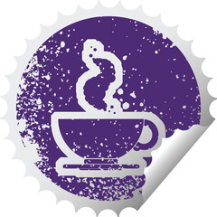 distressed sticker icon illustration of a hot cup of coffee