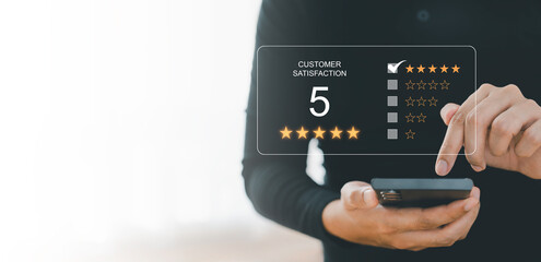 Satisfaction survey concept. Customer services best excellent business rating experience. user give rating to service experience on online application.