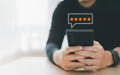 Satisfaction survey concept. Customer services best excellent business rating experience. user give rating to service experience on online application.