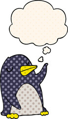 cartoon penguin with thought bubble in comic book style