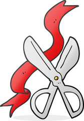 freehand drawn cartoon scissors cutting ribbon