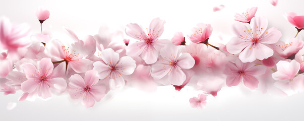 Spring border background with beautiful pink flowers. Pastel pink isolated on white background, bloom delicate flowers. Beautiful fresh cherry blossom