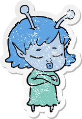 distressed sticker of a cute alien girl cartoon
