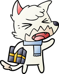 angry cartoon fox with gift