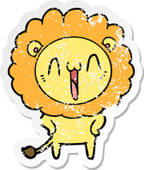 distressed sticker of a happy cartoon lion