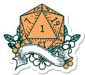 sticker of a natural one d20 dice roll