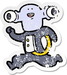 distressed sticker of a friendly cartoon alien running