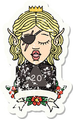 grunge sticker of a elf rogue character with natural twenty dice roll