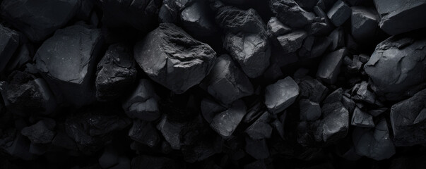 Black coal texture background. Large charcoal of different sizes for design. - obrazy, fototapety, plakaty