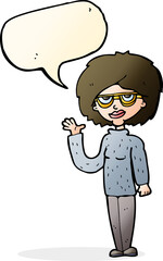 cartoon woman waving with speech bubble