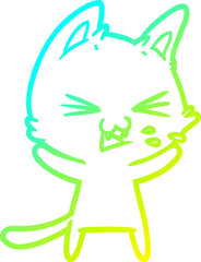 cold gradient line drawing of a cartoon cat hissing