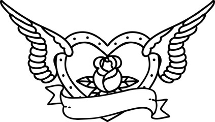 tattoo in black line style of a flying heart with flowers and banner