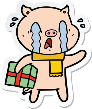 sticker of a crying pig cartoon delivering christmas present
