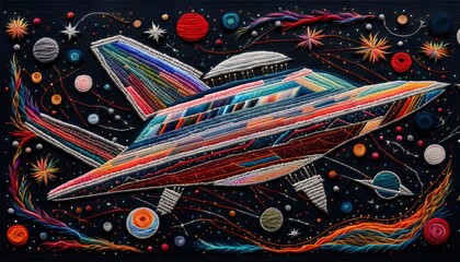 Galaxy Space Rocket Universe Sky Embroidered Pattern